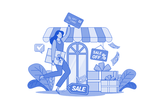 Woman holding presents and gift certificates  Illustration