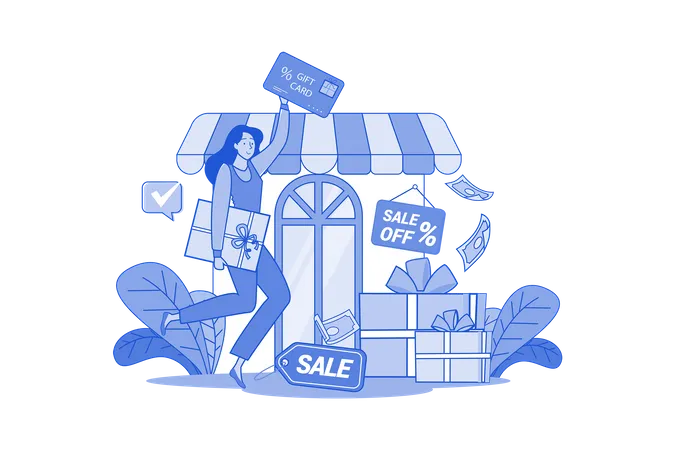 Woman holding presents and gift certificates  Illustration