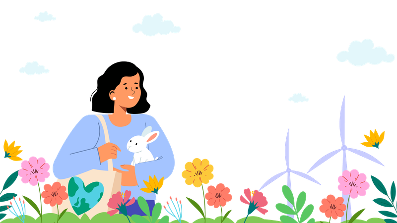 Woman holding rabbit and using eco friendly bag  Illustration