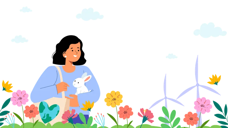 Woman holding rabbit and using eco friendly bag  Illustration