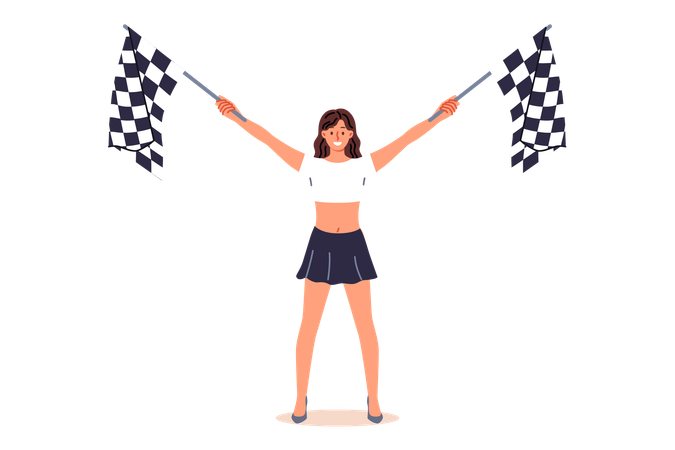 Woman holding racing flags in hands announces start extreme competition for drivers of sports cars  イラスト