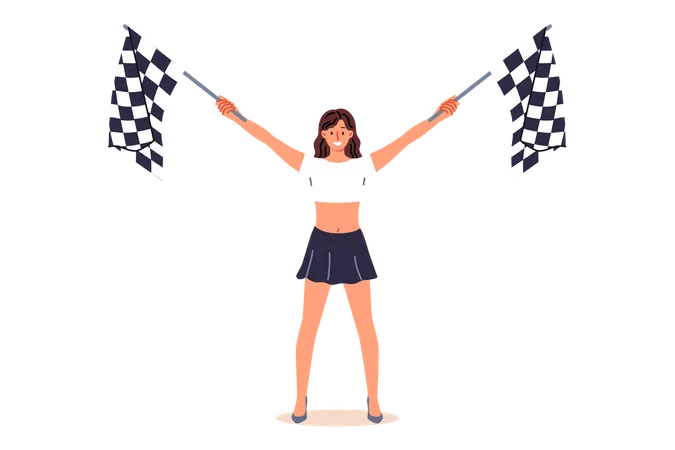 Woman Holding Racing Flags In Hands Announces Start Of Extreme Competition For Drivers Of Sports Cars Checkered Flags To Alert Street Racing Participants That Finish Line Is Approaching Illustration