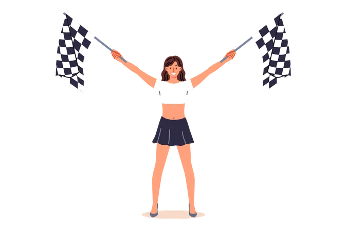 Woman holding racing flags in hands announces start extreme competition for drivers of sports cars  Illustration