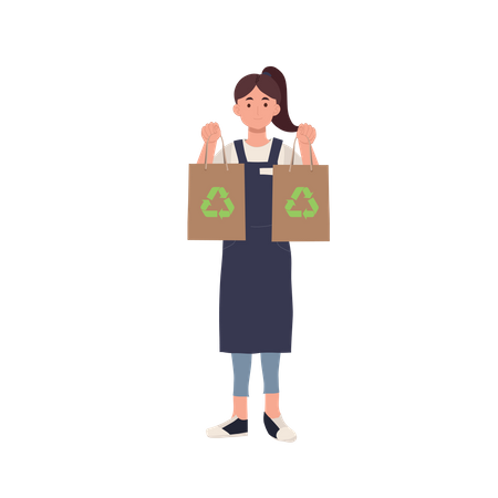 Woman holding recyclable craft bag in both hands  イラスト