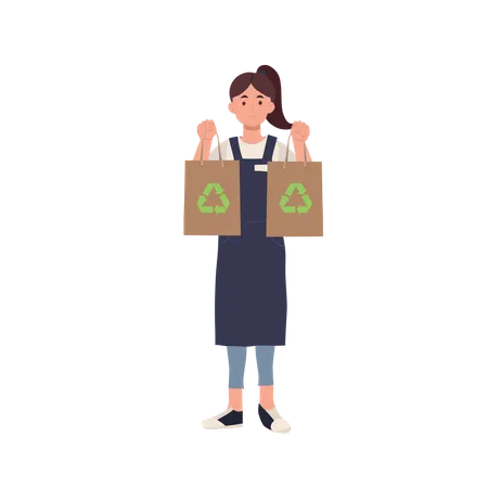 Concept Of Using Of Recycled Paper Bag To Save The Global Warming Woman Holding Recyclable Craft Bag In Both Hands Illustration