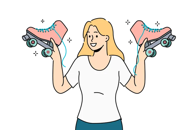 Woman holding retro roller skates and inviting you to ride together in park in fresh air  Illustration