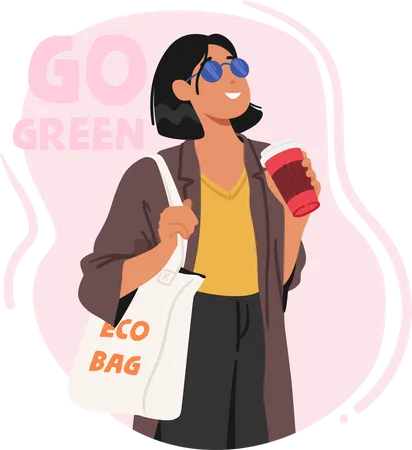 Woman Holding Reusable Bag Made From Sustainable Materials Female Character Promoting Environmentally Friendly Habits Green Lifestyle And Reducing Waste Cartoon People Vector Illustration Illustration