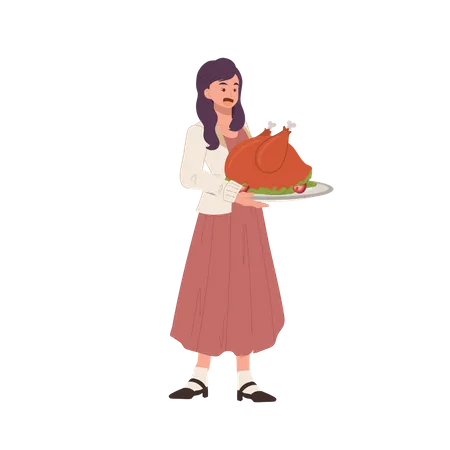 Woman Holding Roasted Turkey  for Thanksgiving Dinner  Illustration