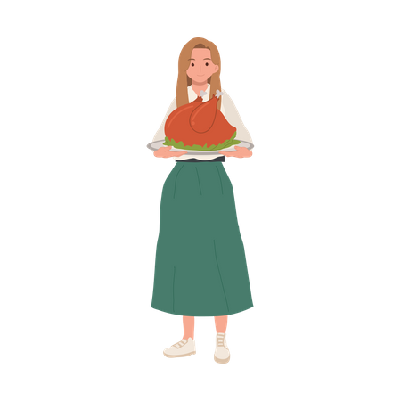 Woman Holding Roasted Turkey  for Thanksgiving Dinner  Illustration