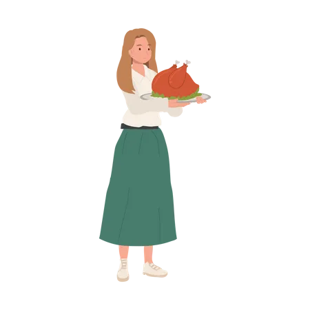 Woman Holding Roasted Turkey  for Thanksgiving Dinner  Illustration