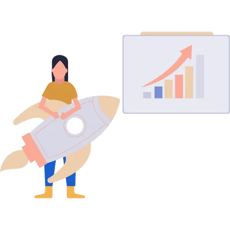 Woman holding rocket while doing startup analysis  Illustration