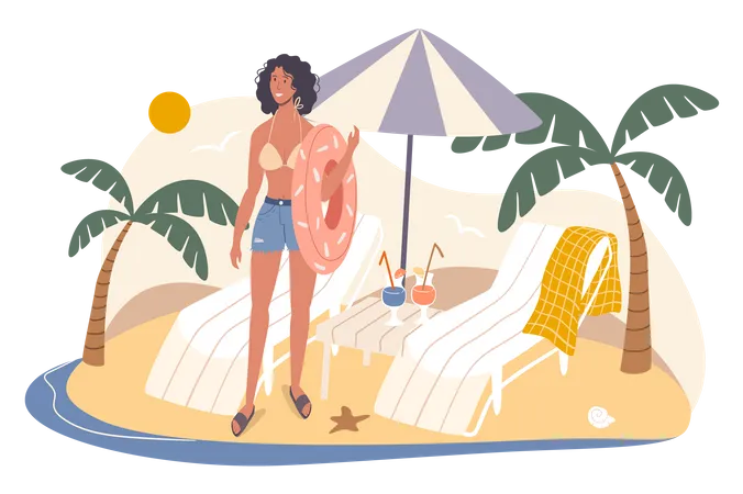 Summer Travel Web Concept Woman Resting On Seashore Holding Rubber Ring Young Girl Stands Near Sun Loungers Under Umbrella People Scenes Template Vector Illustration Of Characters In Flat Design Illustration