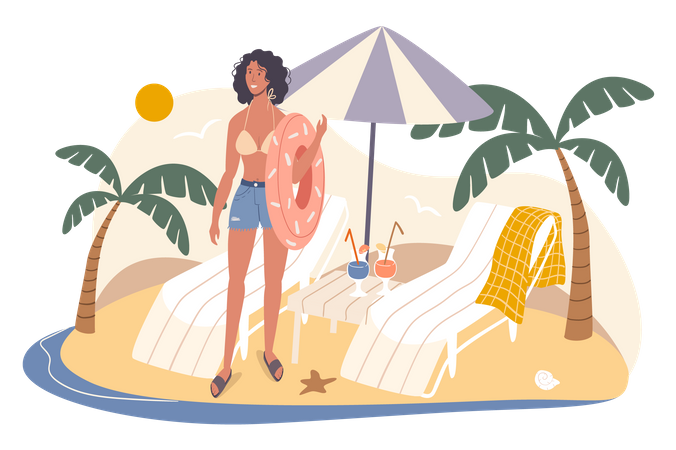 Woman holding rubber ring on beach  Illustration