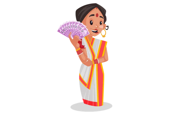 Woman holding Rupees in her hand Illustration