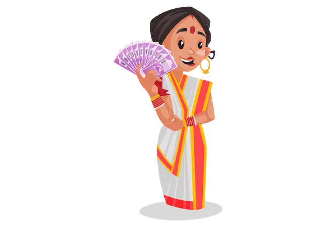 Woman holding Rupees in her hand  Illustration