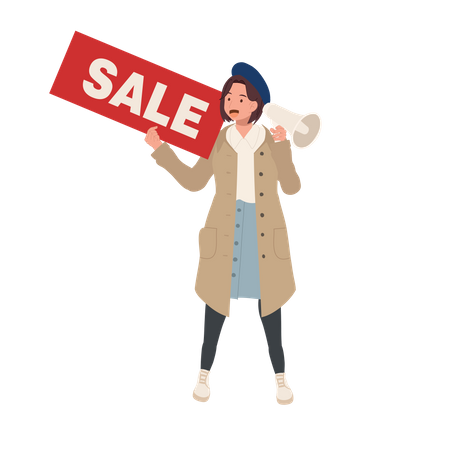 Woman Holding Sale Sign with megaphone  Illustration