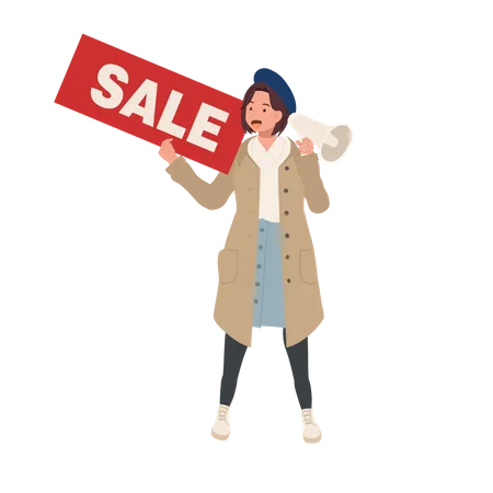 Seasonal Shopping Spree Autumn Sale Full Length Stylish Woman Holding Sale Sign With Megaphone Happy Shopper With Autumn Discounts Illustration