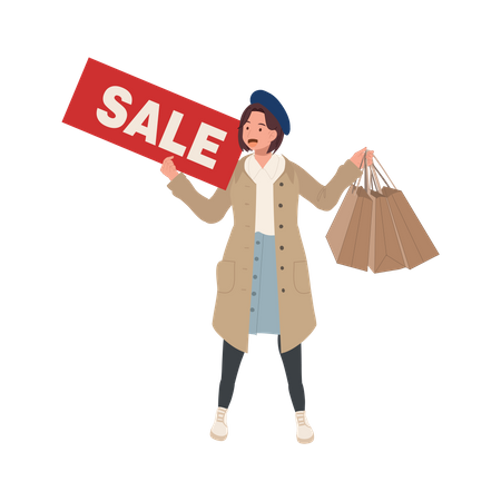 Woman Holding Sale Sign with Shopping Bags  Illustration