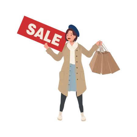 Woman Holding Sale Sign with Shopping Bags  일러스트레이션