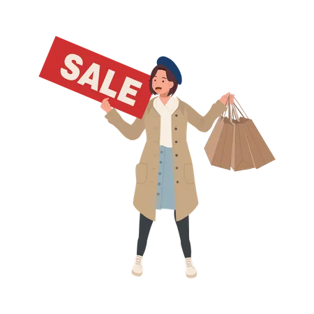 Woman Holding Sale Sign with Shopping Bags  Illustration