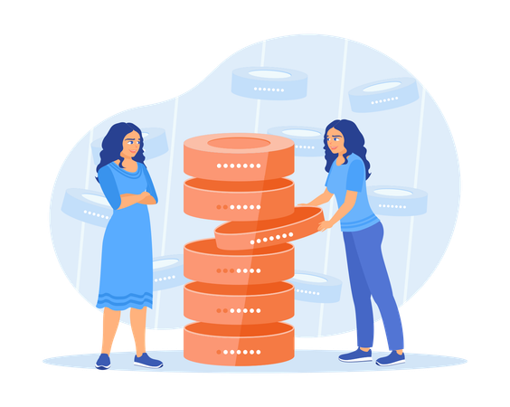 Woman holding server hardware while Save and search for files in main file Illustration