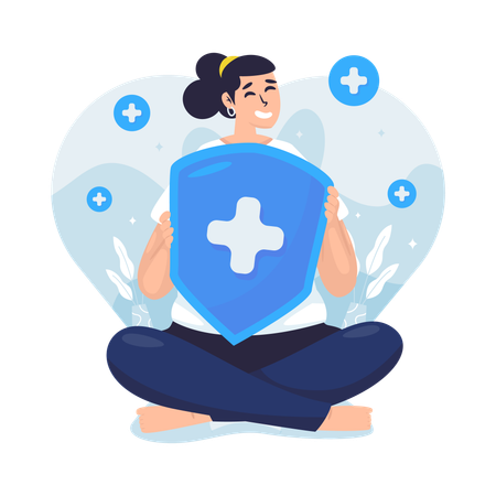 Woman holding shield for life health insurance  Illustration