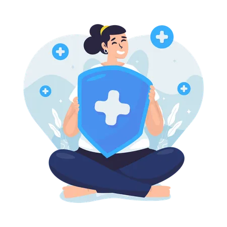 Woman holding shield for life health insurance  Illustration