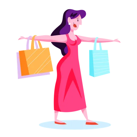 Woman Shopping Person With Bag Big Sale And Discount Cheerful Buyer Vector Illustration In Cartoon Style Illustration