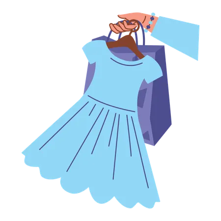 Woman holding shopping bag with a blue dress  Illustration