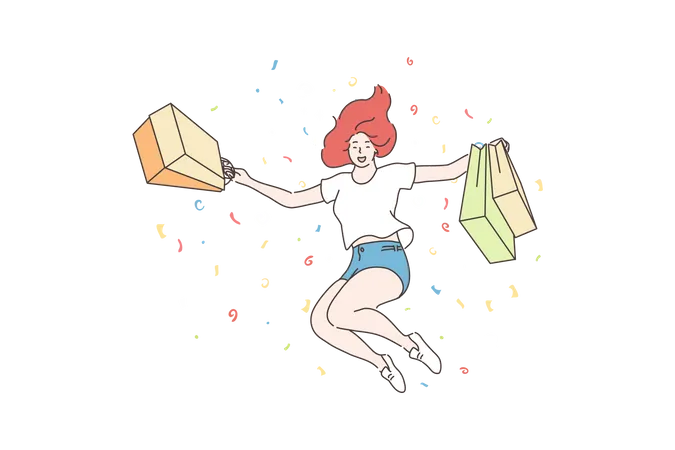 Success Shopping Purchase Concept Young Happy Cheerful Woman Or Girl Shopaholic Cartoon Character Jumping With Shop Bags Joy For Buying Sale Goods Commercial Discounts For Customers Illustration Illustration