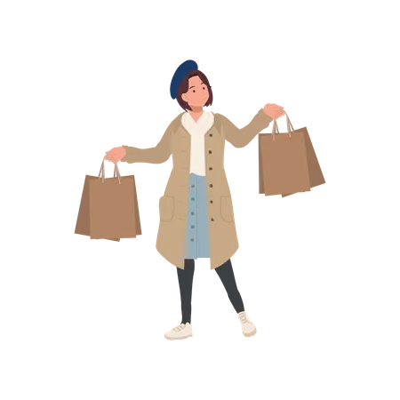 Seasonal Shopping Spree Autumn Sale Full Length Stylish Woman Holding Shopping Bags Happy Shopper With Autumn Discounts 일러스트레이션