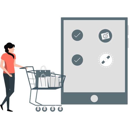 Woman holding shopping trolley  Illustration