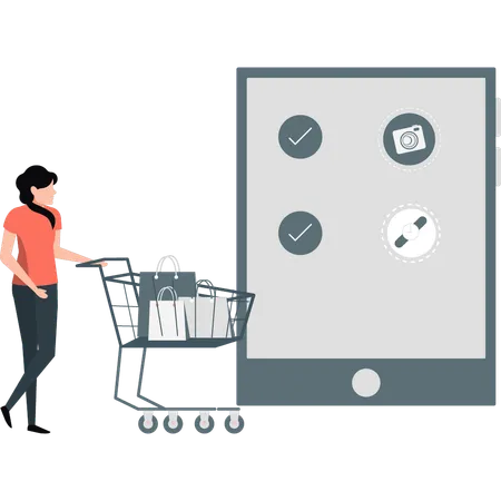 Woman holding shopping trolley  Illustration