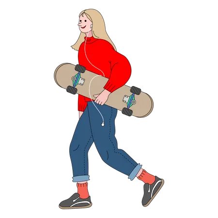 Woman Holding Skateboard Vector Illustration In Line Filled Design Illustration
