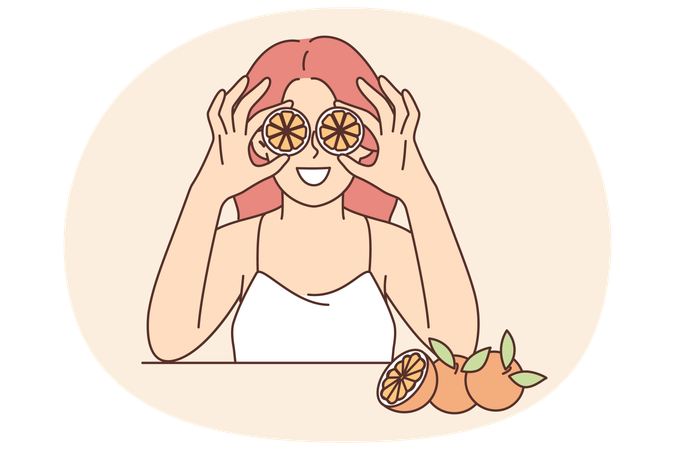 Woman holding slices of citrus fruit near eyes offering to use orange for rejuvenating facial mask  Illustration