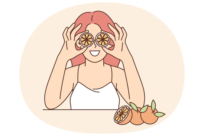 Woman holding slices of citrus fruit near eyes offering to use orange for rejuvenating facial mask  Illustration
