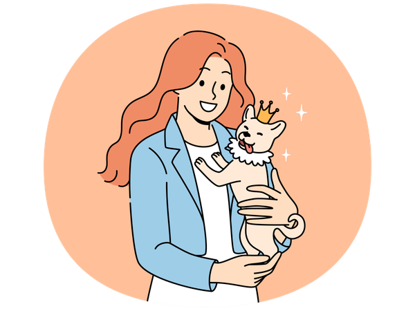Woman holding small dog wearing crown in arms and smiles enjoying guardianship over puppy  Illustration