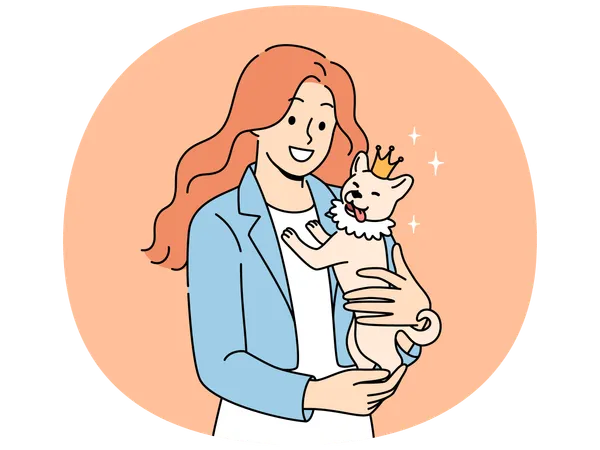 Woman holding small dog wearing crown in arms and smiles enjoying guardianship over puppy  Illustration