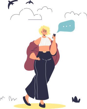 Woman holding smartphone and sending message Illustration