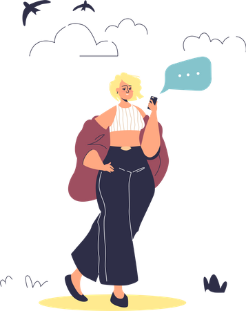 Woman holding smartphone and sending message  Illustration