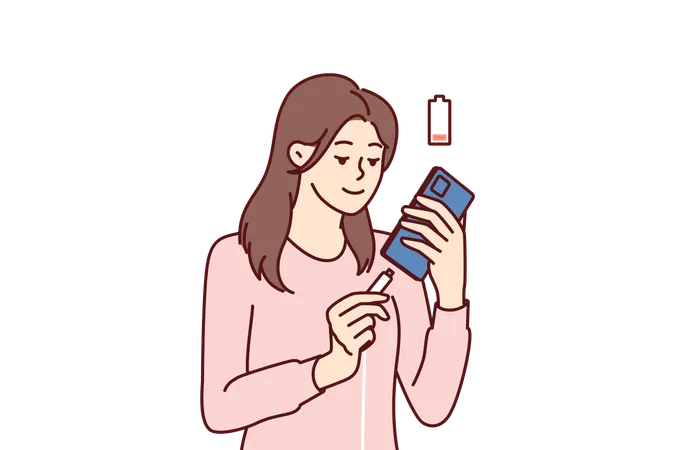 Woman holding smartphone uses cable to charge battery after seeing red indicator  イラスト