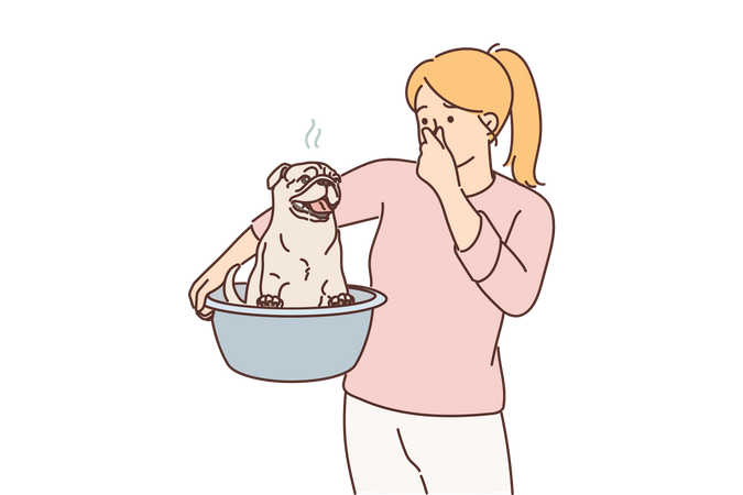 Woman holding smelly pet dog  Illustration