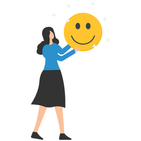 Woman holding smiling face symbol in joyful workplace  Illustration