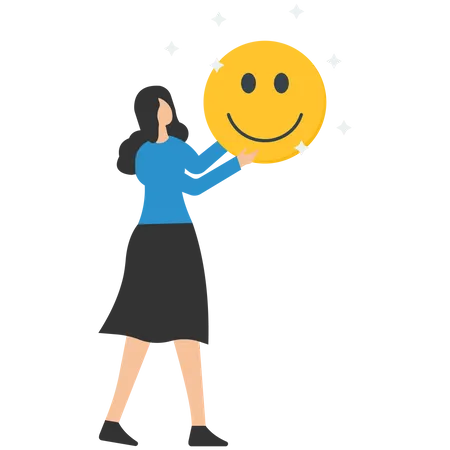 Woman holding smiling face symbol in joyful workplace  Illustration