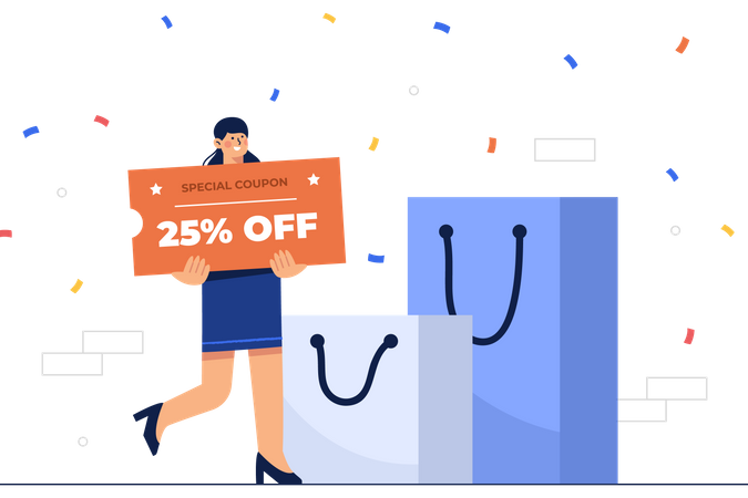 Woman holding special coupon discount for shopping Illustration