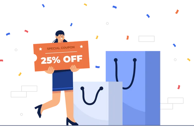 Woman holding special coupon discount for shopping  Illustration