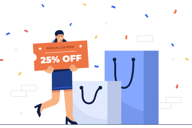 Woman holding special coupon discount for shopping  Illustration