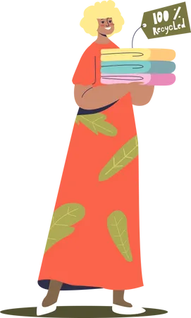 Woman holding stack of recycled eco friendly clothes Illustration