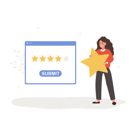 Woman holding star and giving five stars rating  Illustration