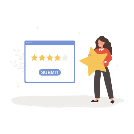 Customer Review Concept Woman Holding Star And Giving Five Stars Rating Dialog Window In Application With Feedback Positive Response Vector Illustration In Flat Cartoon Style Illustration
